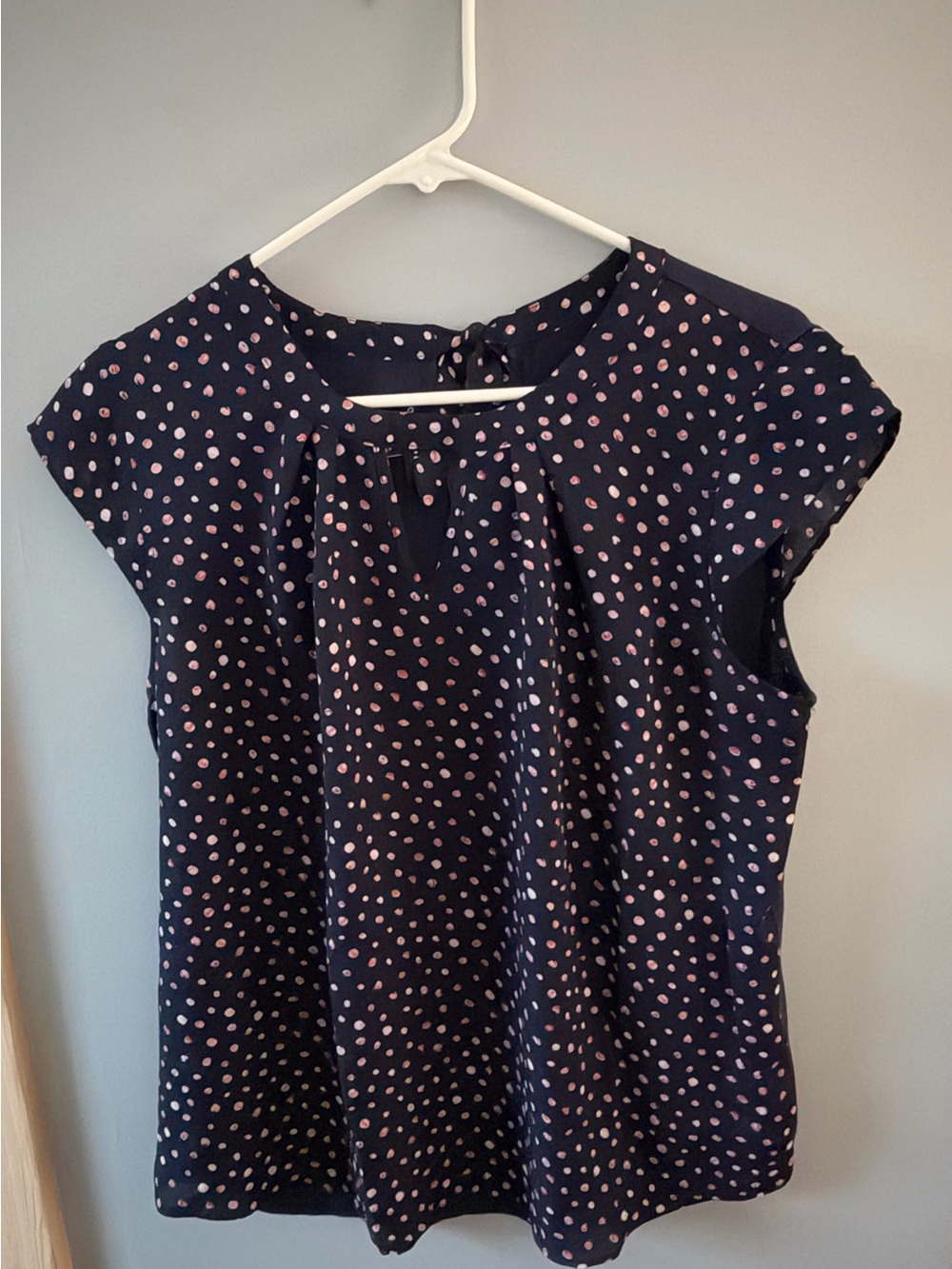 Navy Cap Sleeve Blouse with Pink Polka Dots
